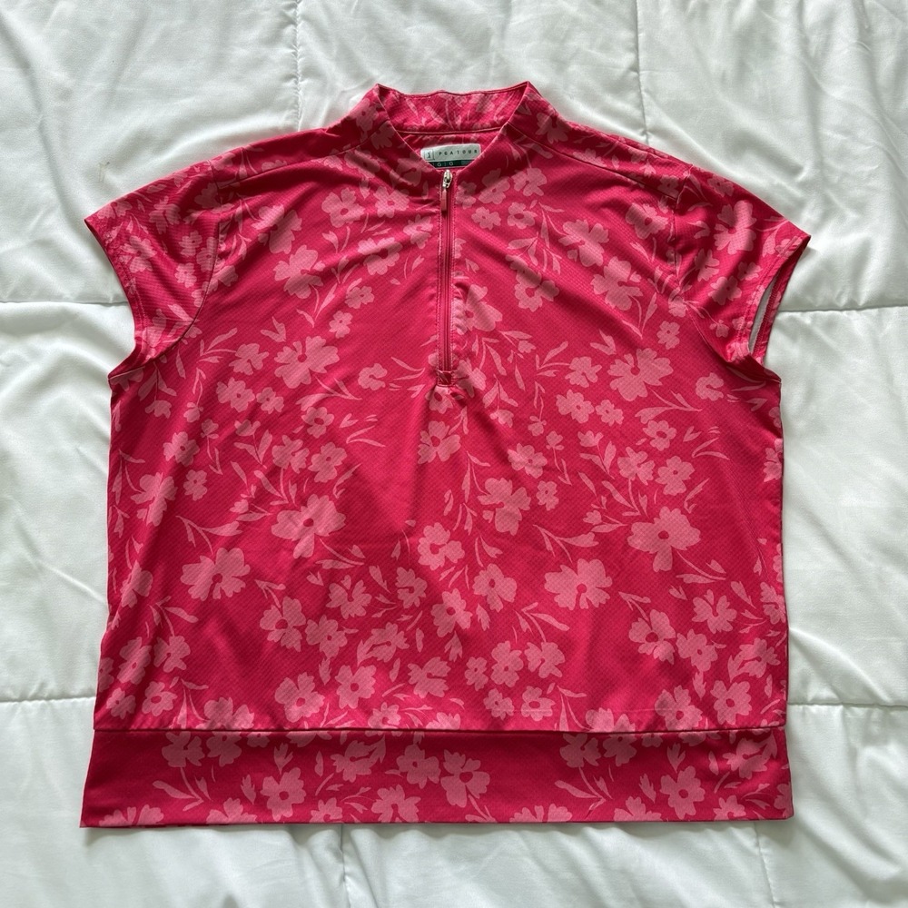 PGA‎ Tour Golf Polo T Shirt Womens Large Pink Performance Cap Sleeve Floral